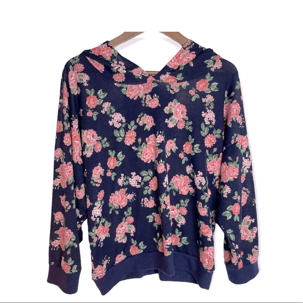 Almost Famous Floral Hooded Knit Lace Back Top